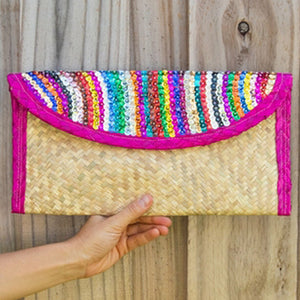 Artisan Eco Palm Leaf Straw Clutch Bag with Sequin Stripes Front
